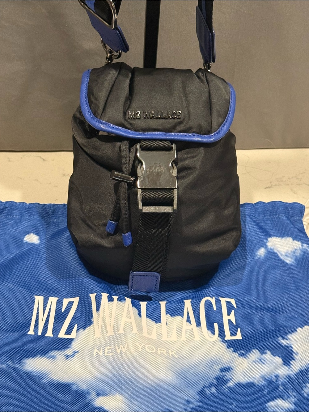 MZ Wallace Black Nylon Crossbody with Blue Trim